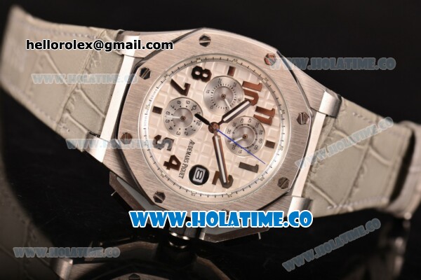 Audemars Piguet Royal Oak Offshore Chrono Miyota OS10 Quartz Steel Case with White Dial Arabic Numeral Markers and Grey Leather Strap - Click Image to Close